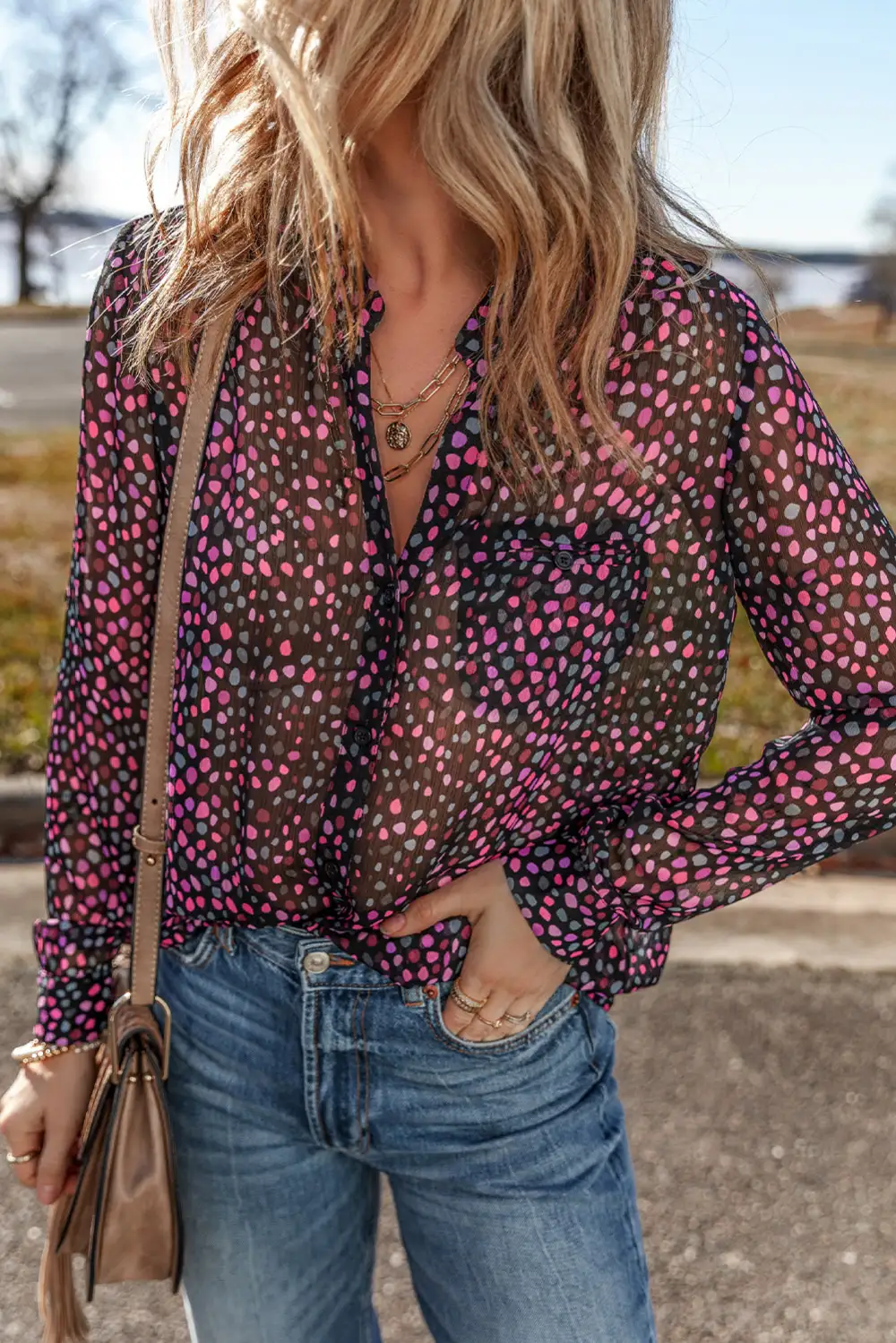 Boho Dot Print Button Front Shirt Blouse