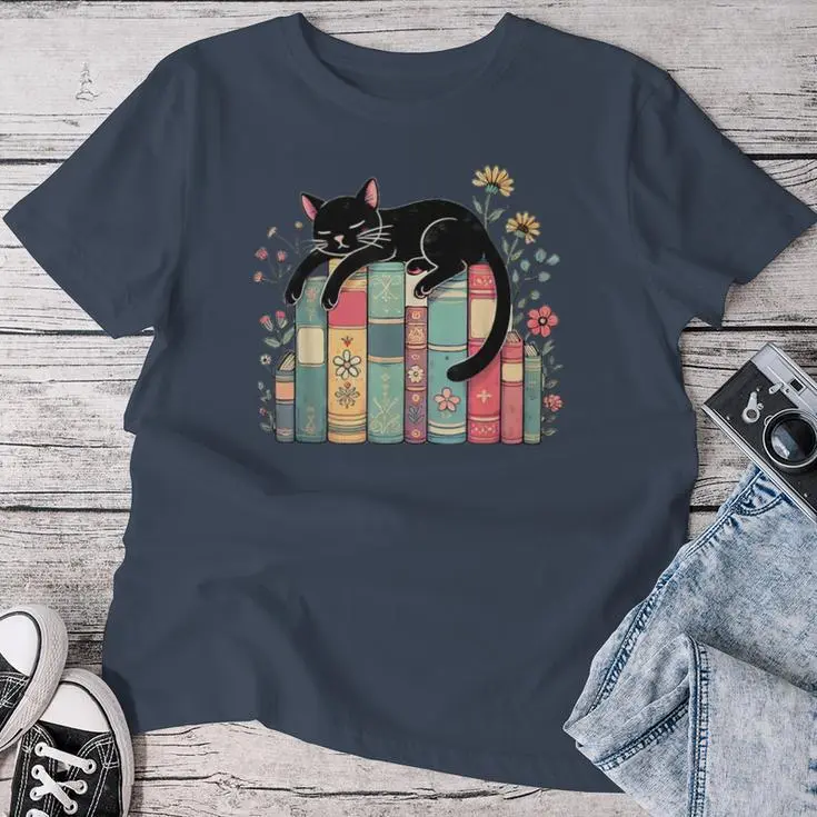 Floral Black Cat Sleeping On Books Women T-shirt