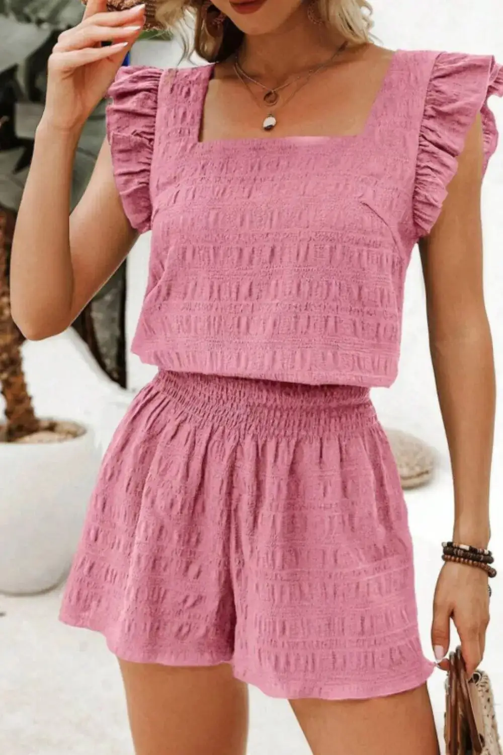Ruffled Textured Two-Piece Top and Shorts Set