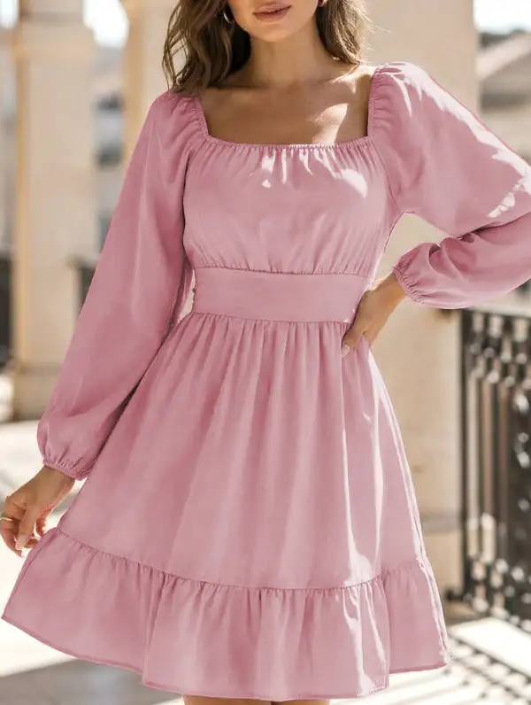 Square Neckline Ruffled Tie Up Mini Dress