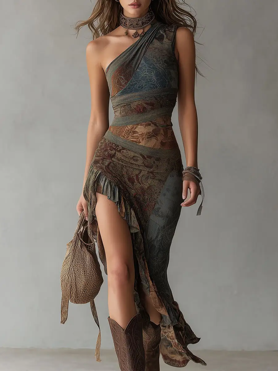 Retro Ethnic Style Printed One-shoulder High Slit Maxi Dress