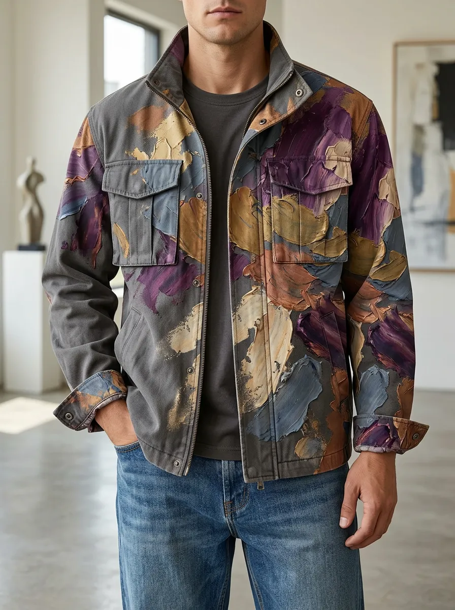 Men's Abstract Oil Painting Art Printed Field Jacket