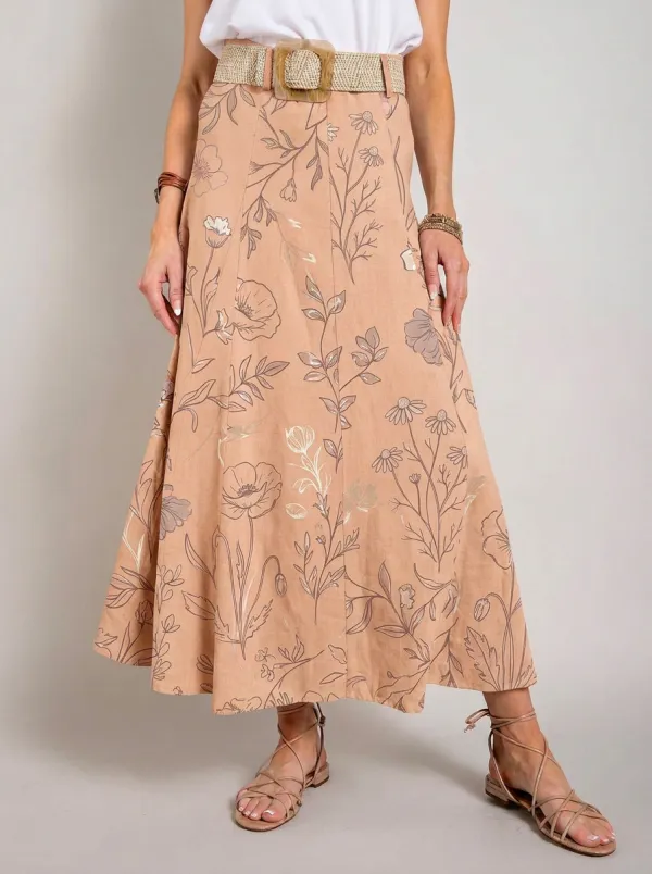 Women's Boho Floral Botanical Line Art Printed Maxi Skirt