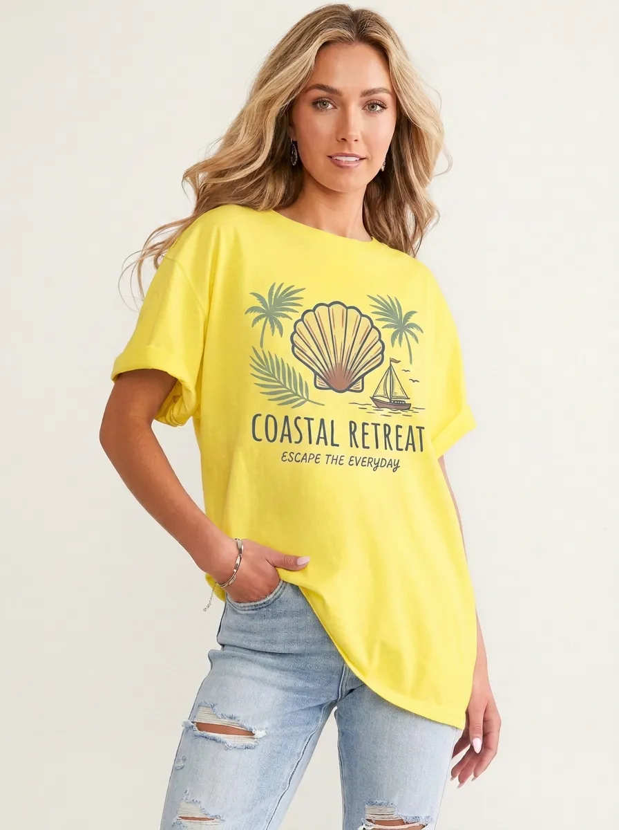 Women's Coastal Beach Lover Seashell Sailboat Printed T-shirt