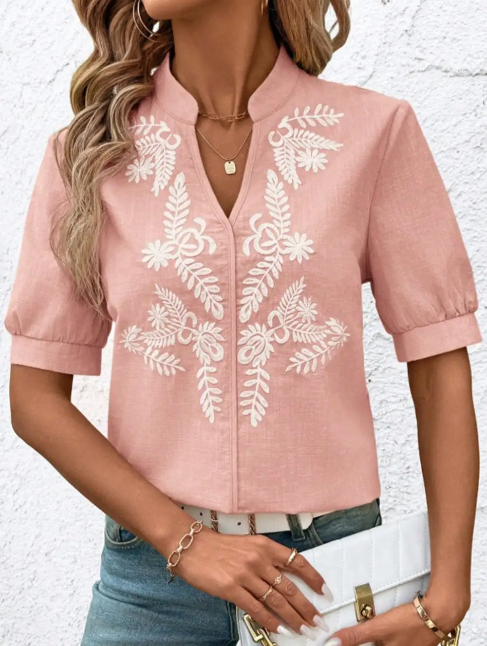 V Neck Embroidered Cotton Short Sleeve Blouse