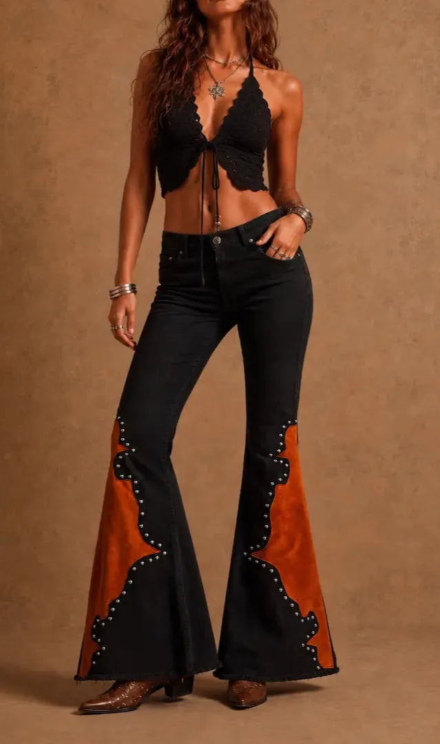 Flare Studded Detail Western Style Modern Denim Jeans