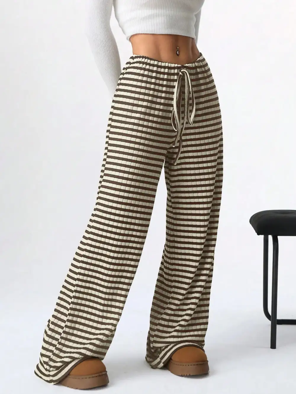 Wide Leg Drawstring Striped Casual Pants