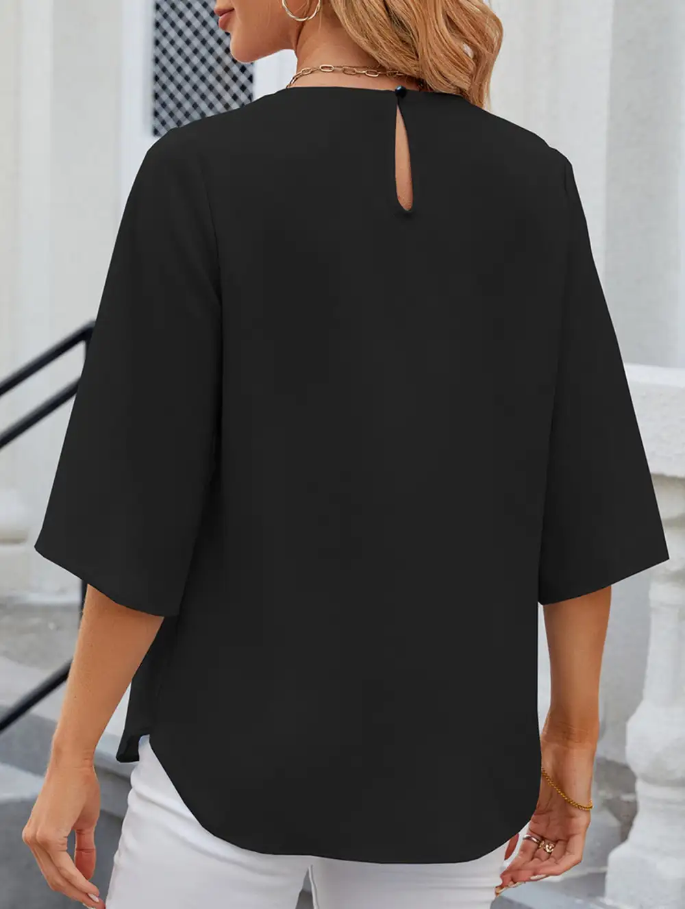 Chiffon Crew Neck Half Sleeve Blouse