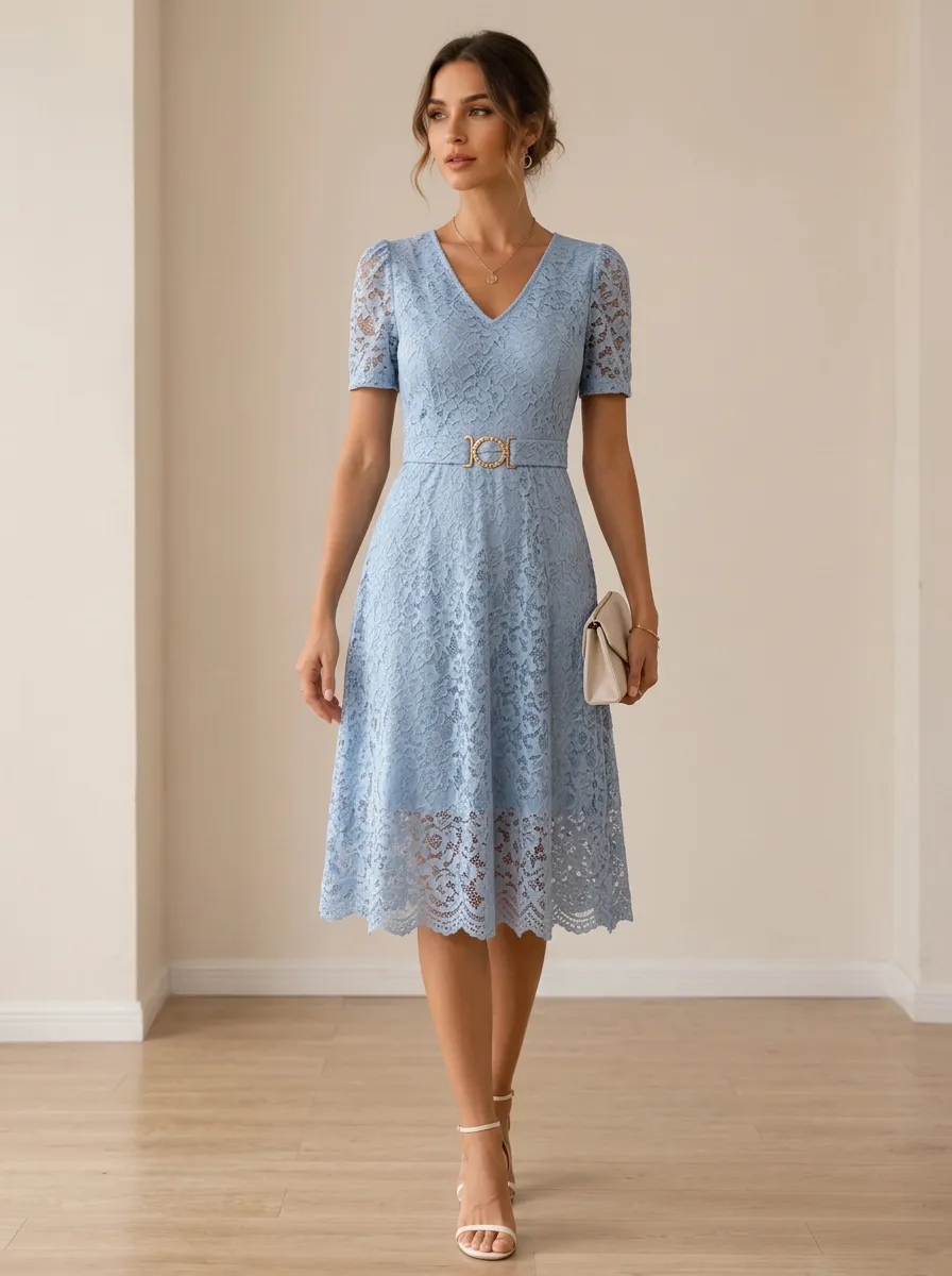 Women's Elegant V-Neck Light Blue Floral Lace Belted Midi Dress