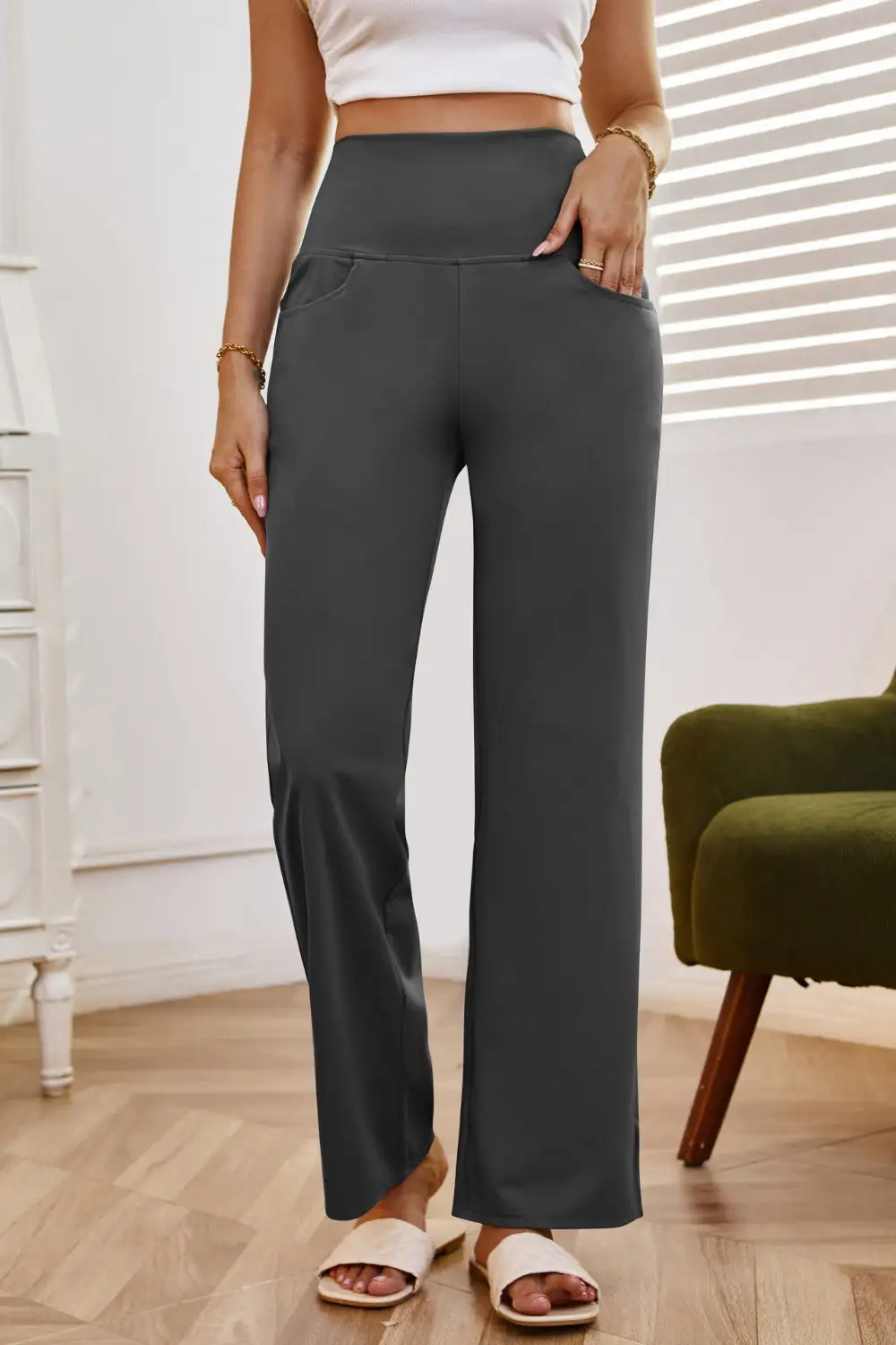 Relaxed High Waist Wide Leg Pants With Pocket