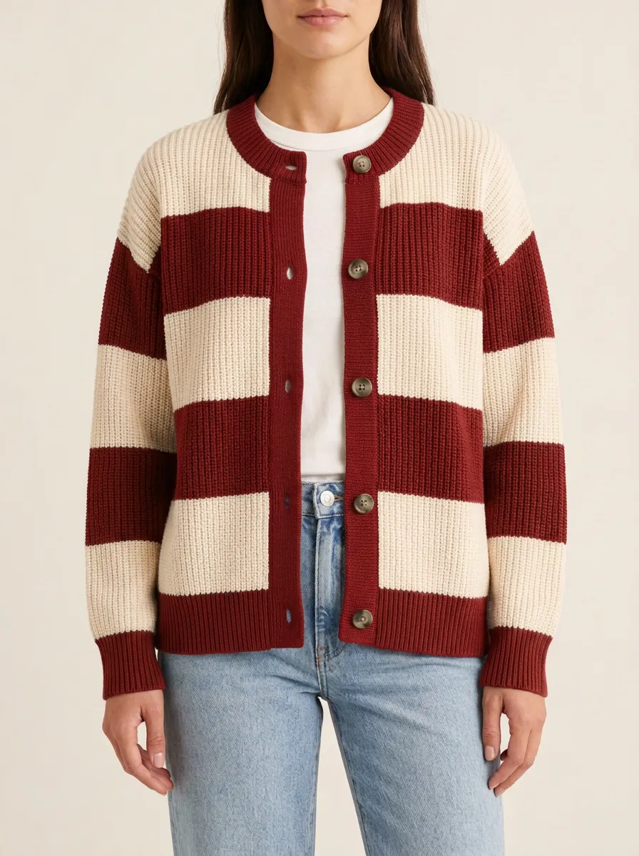 Classic Layered Rugby Striped Knit Cardigan