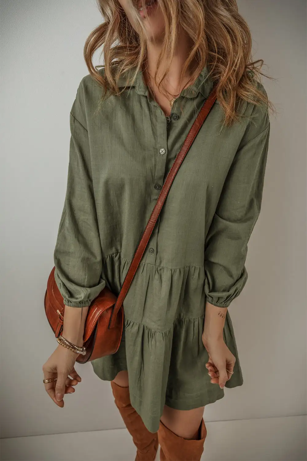Tiered Pleated Button Front Mini Dress
