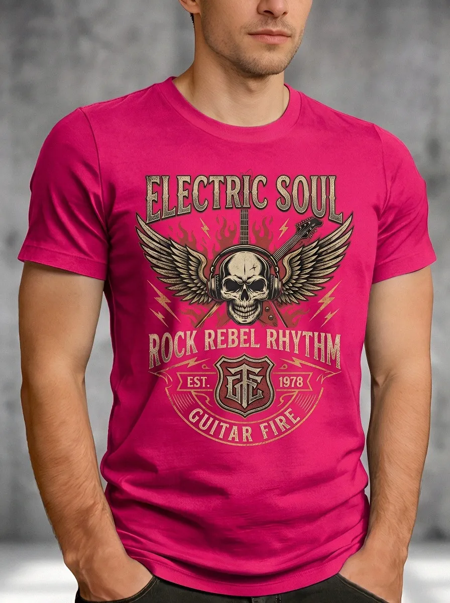 Men's Rock Music Skull Winged Guitar Printed T-shirt