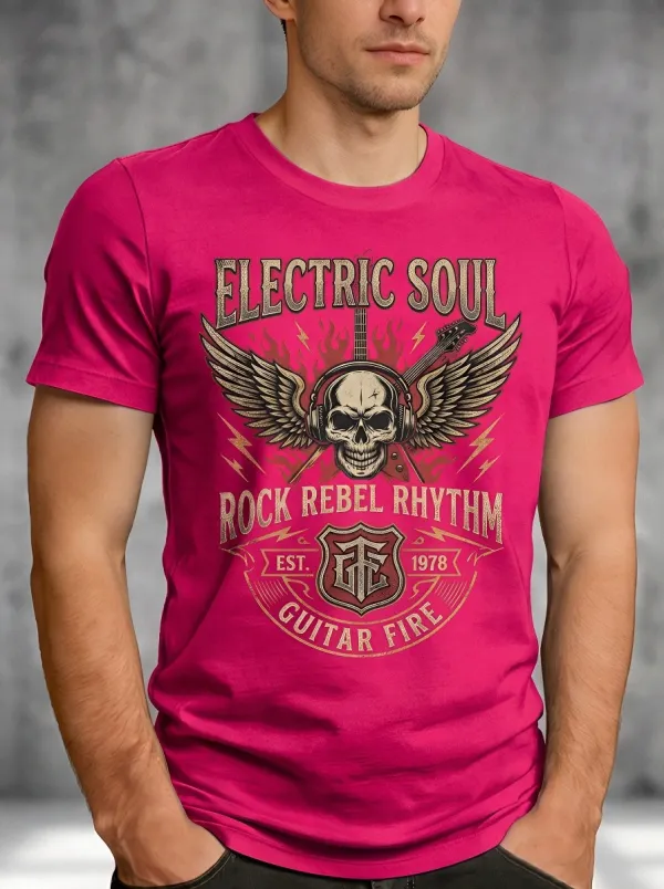 Men's Rock Music Skull Winged Guitar Printed T-shirt