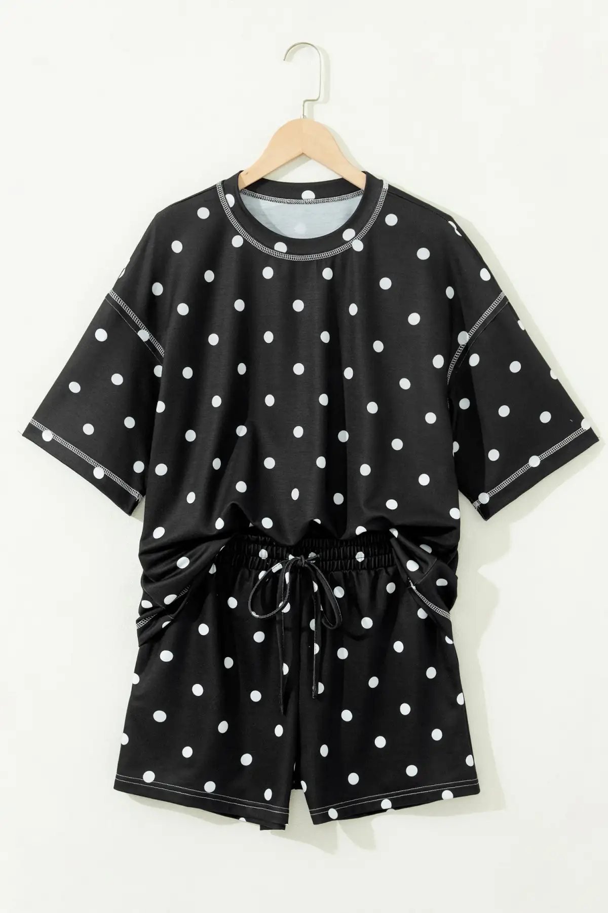Refined Drawstring Polka-Dot Two-Piece Tee and Shorts Set