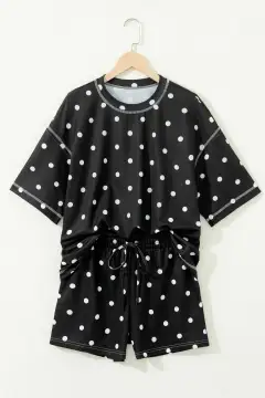 Refined Drawstring Polka-Dot Two-Piece Tee and Shorts Set