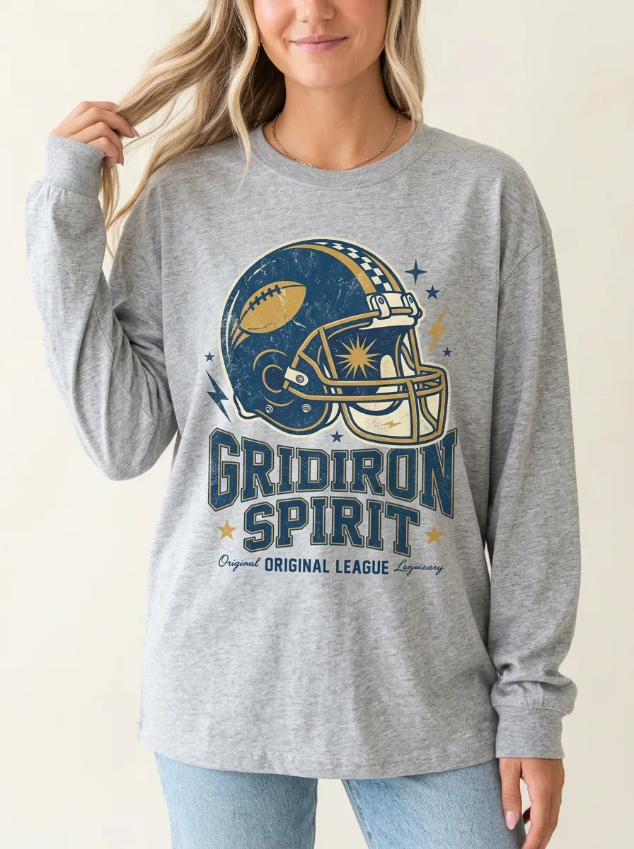 Women's Football Fan Gridiron Spirit Helmet Printed Long Sleeve Shirt