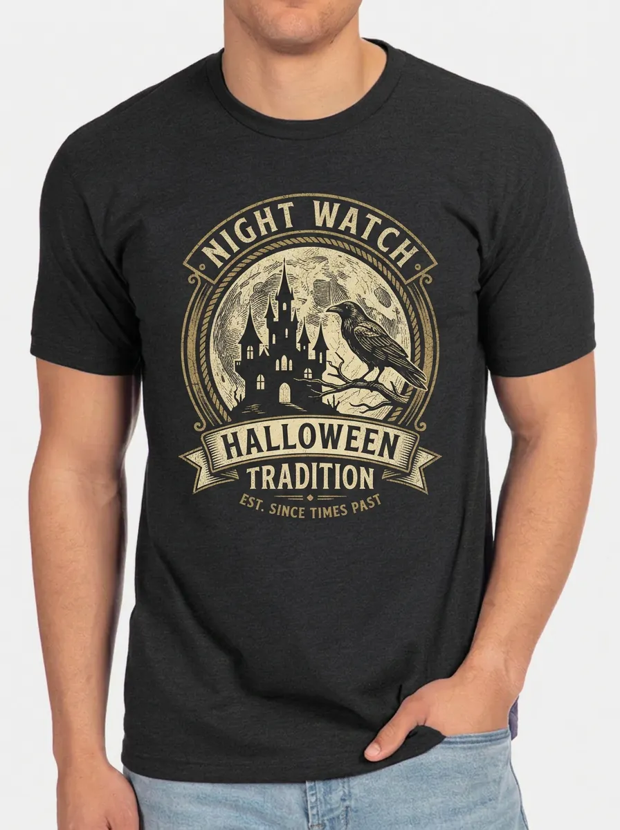 Men's Halloween Night Watch Raven Castle Printed T-shirt