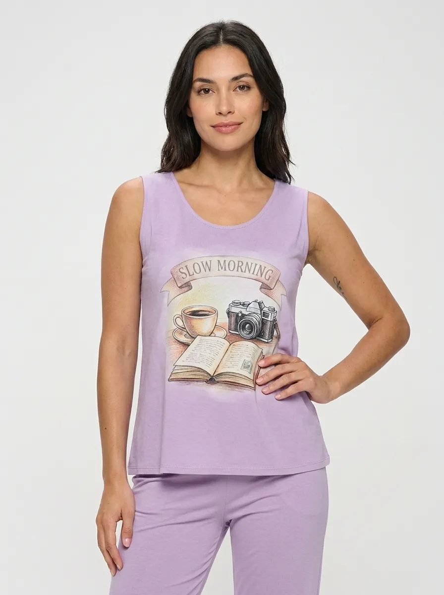Women's Coffee Camera Book Lover Slow Morning Printed Tank Top