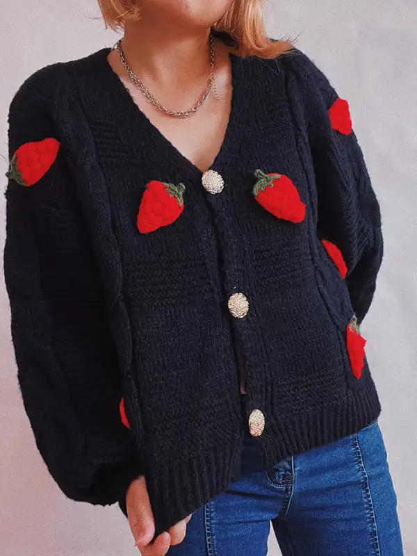 Single-Breasted Relaxed Knit Embroidered Cardigan