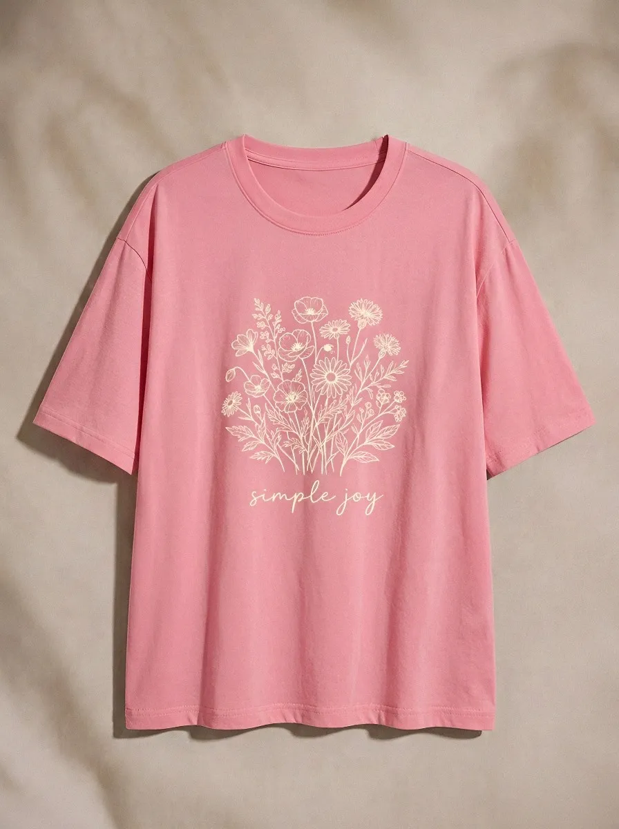 Women's Simple Joy Floral Bouquet Line Art Printed T-shirt