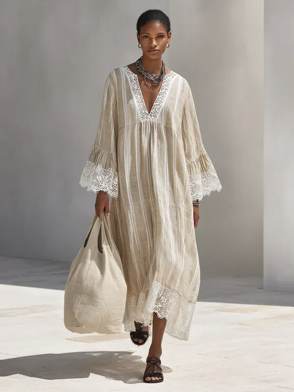 Minimalist Linen Blend Embroidered Short-sleeved Shirt Maxi Dress