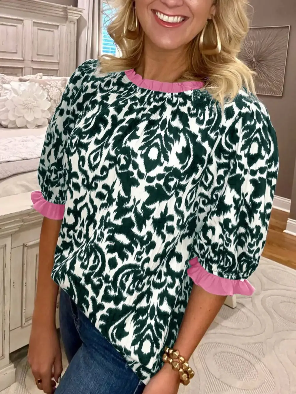 Damask Print Ruffled Block Detail Half Sleeve