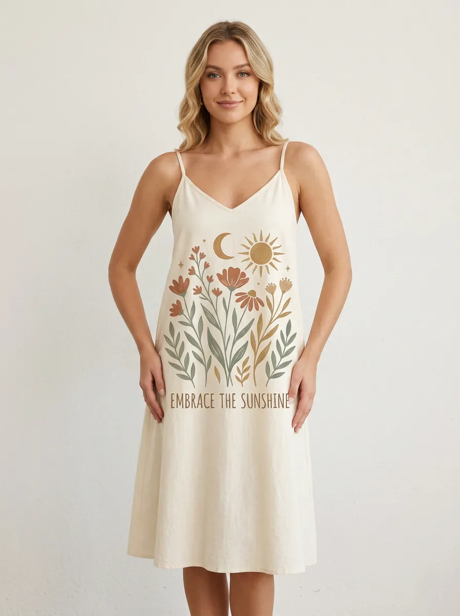 Boho Floral Sun Moon Spaghetti Strap Dress
