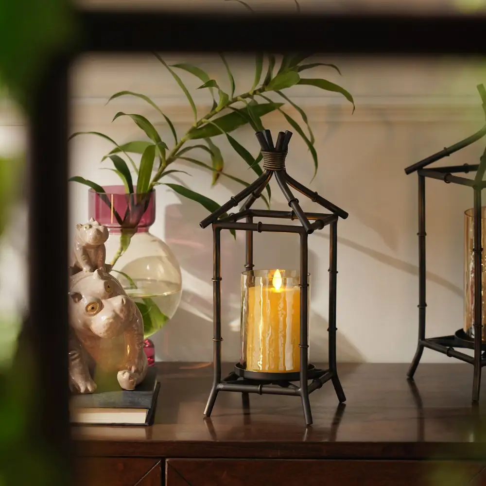 Aged Black Hut Lantern With Glass Insert