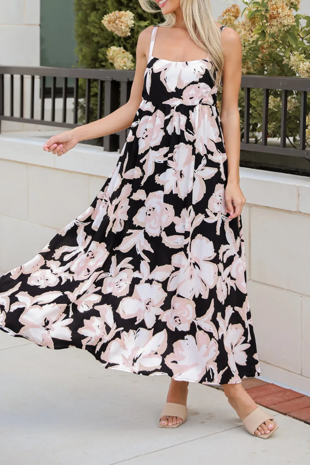 Black Strapless Floral Midi Dress