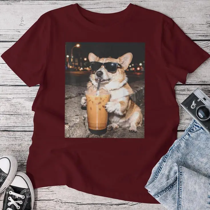 Corgi Drinking Iced Coffee Dog Meme Women T-shirt