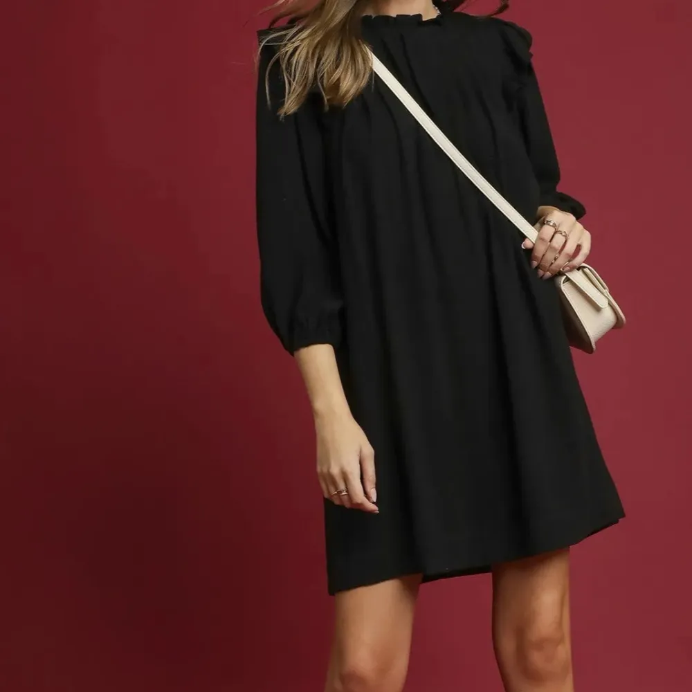 Linen Ruffle Shoulder Pleated Babydoll Dress