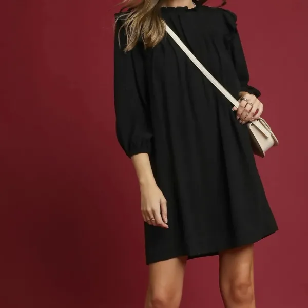 Linen Ruffle Shoulder Pleated Babydoll Dress