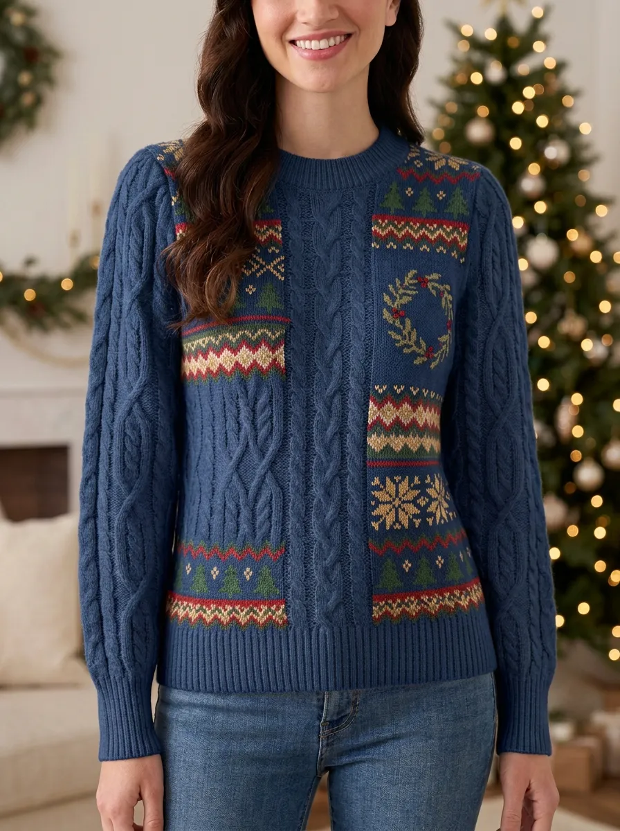 Christmas Holiday Tree Wreath Pattern Print Cable Knit Sweater