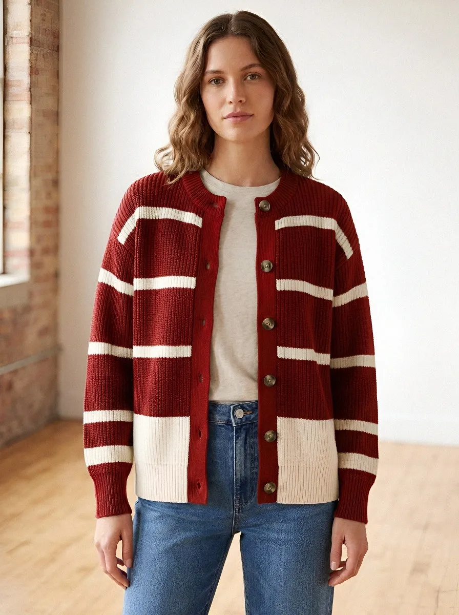 Classic Cardigan Rugby Striped Knit Cardigan