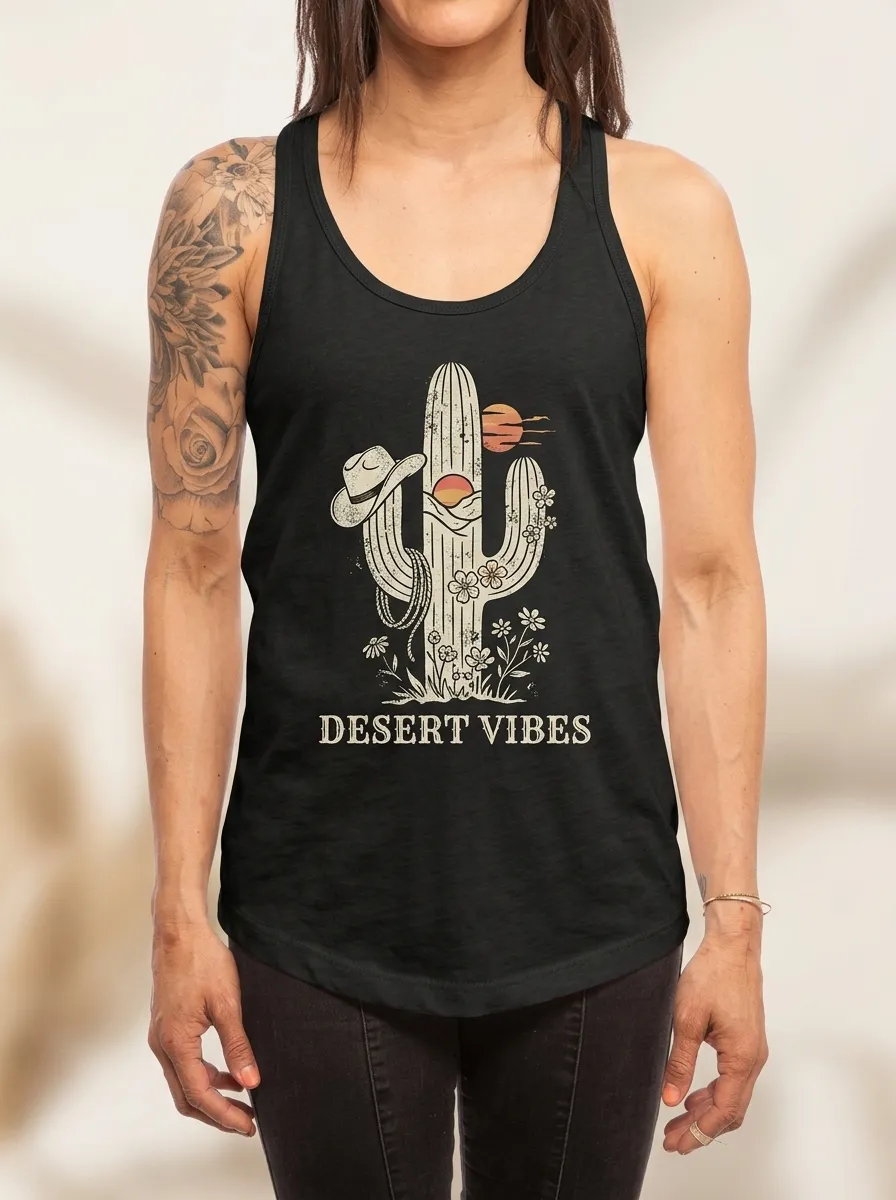 Women's Desert Vibes Cowboy Hat Cactus Floral Printed Tank Top