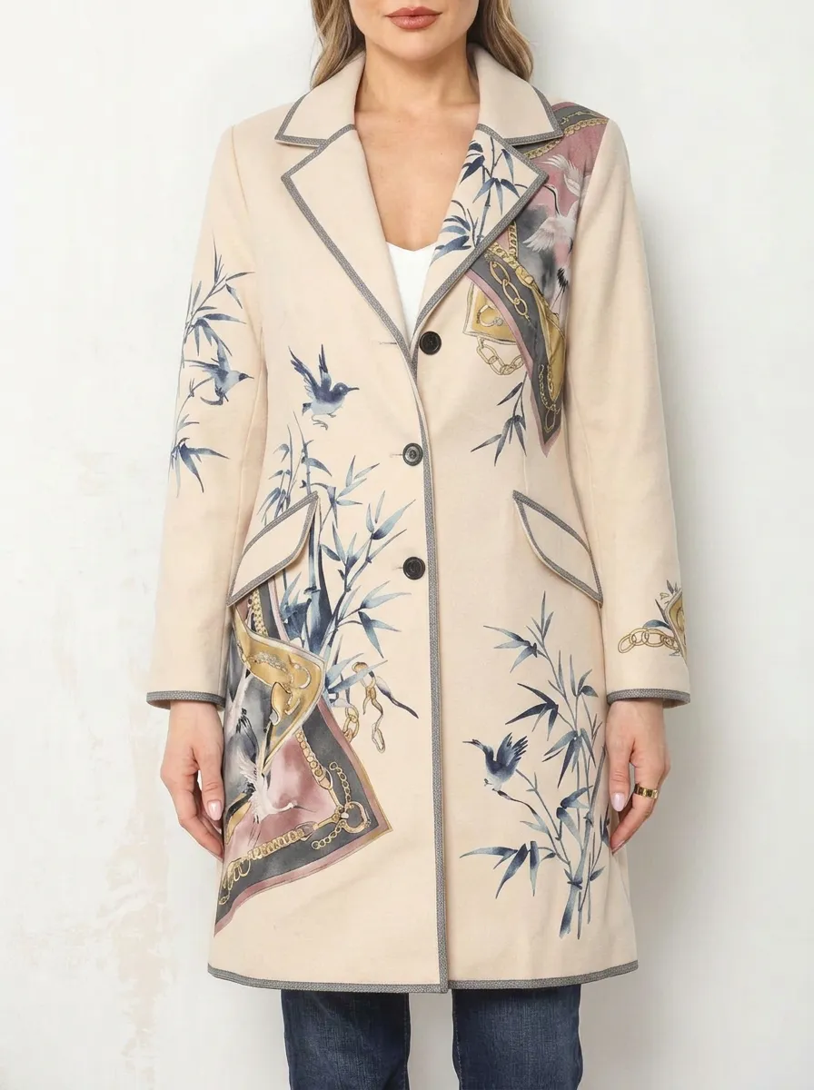 Women's Oriental Crane Bamboo Chain Printed Blazer Coat