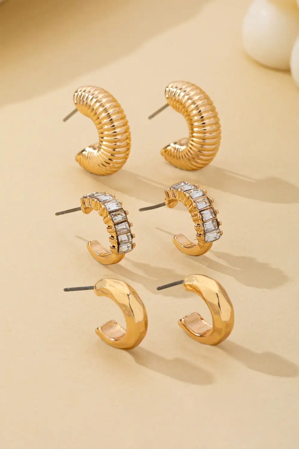 Rhinestone Textured Hoop arring Set