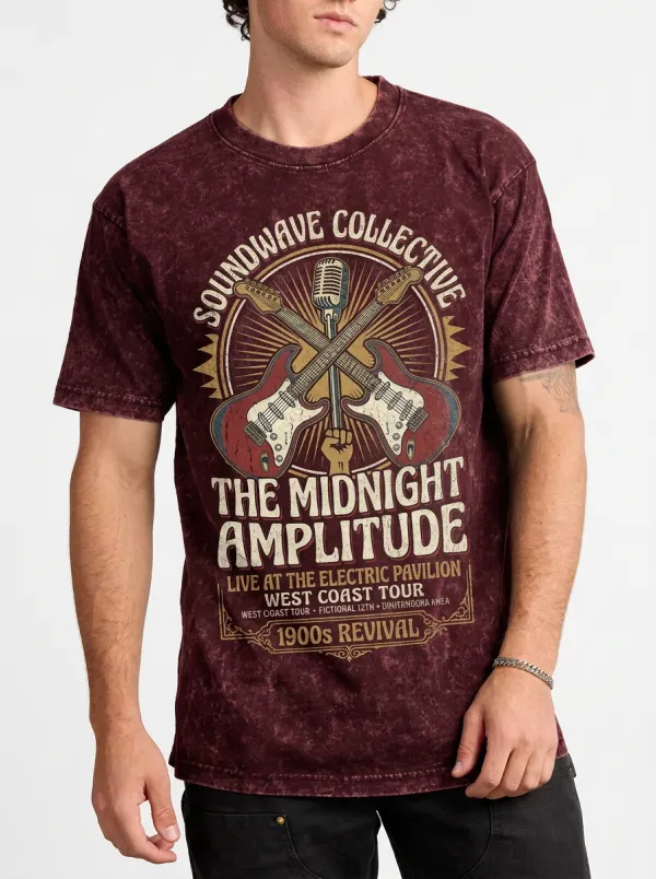 Men's Rock Band Music Lover Guitar Microphone Printed T-shirt