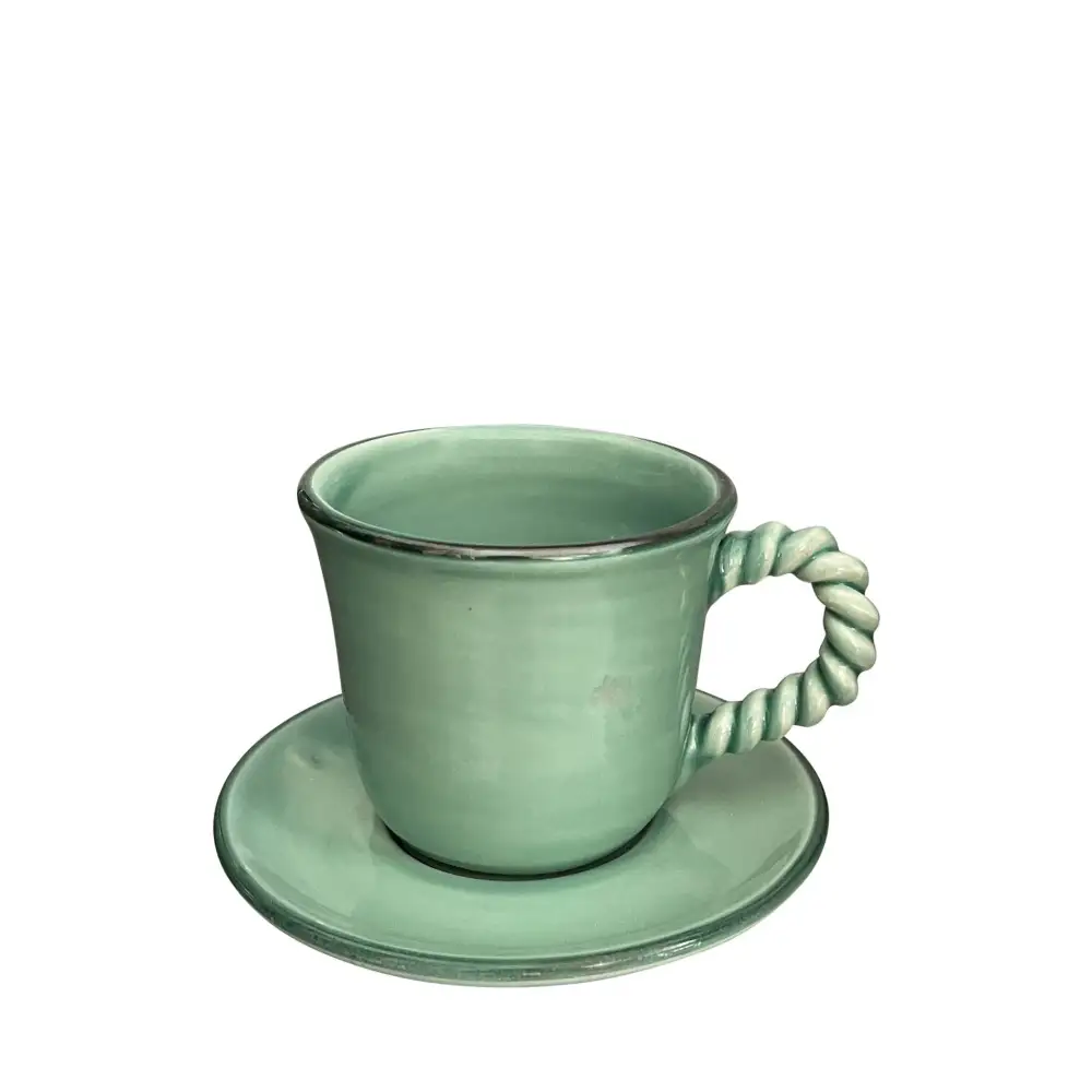 Rope-Handle Hand-Painted Ceramic Coffee Cup And Saucer