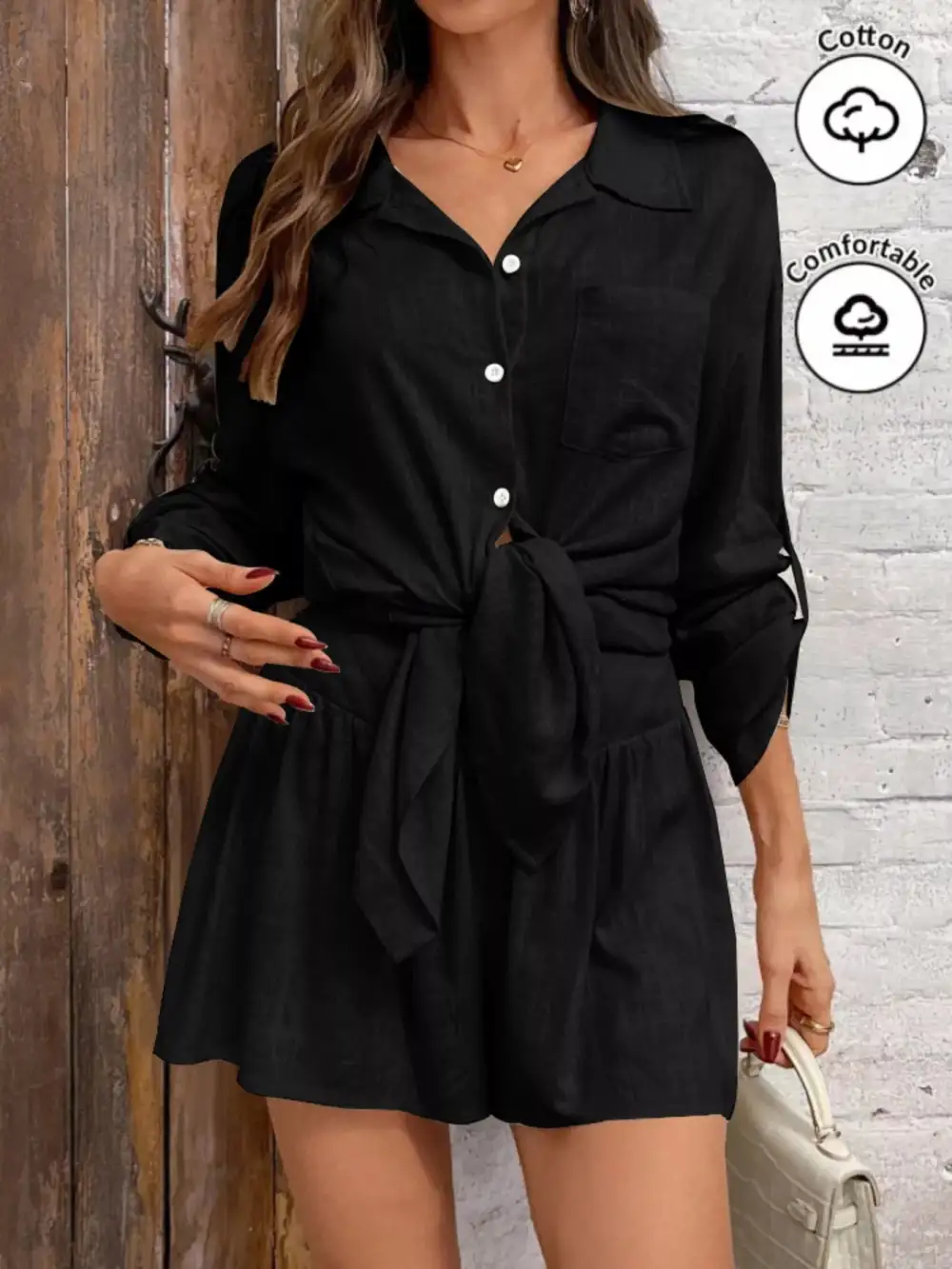 Button Up Roll Up Sleeve Shirt Shorts Set