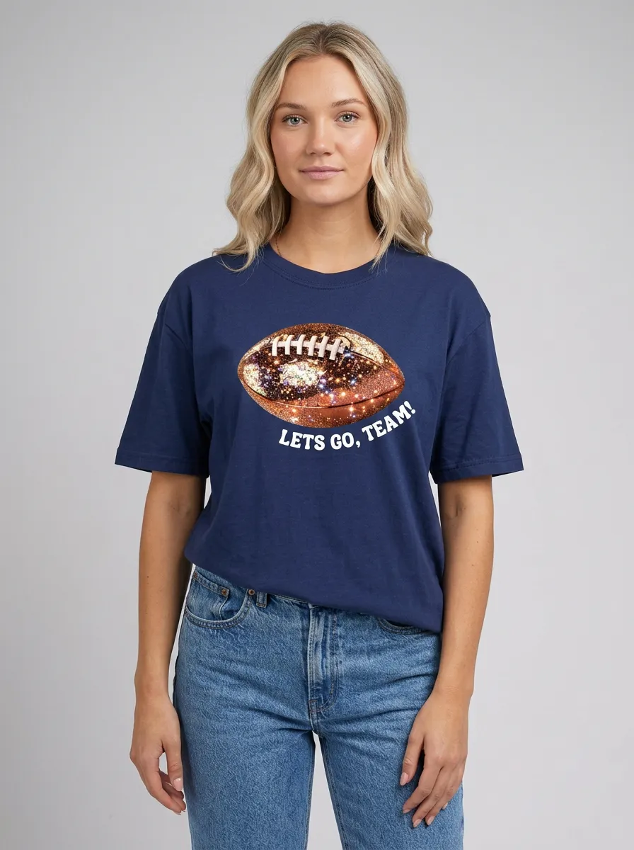 Women's Football Lover Glitter Galaxy Ball Lets Go Team Printed T-shirt