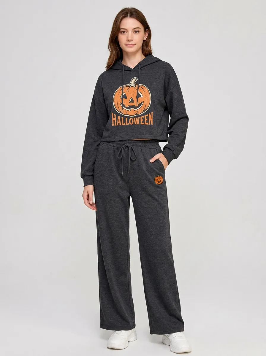 Women's Halloween Pumpkin Graphic Printed Crop Hoodie Jogger Set