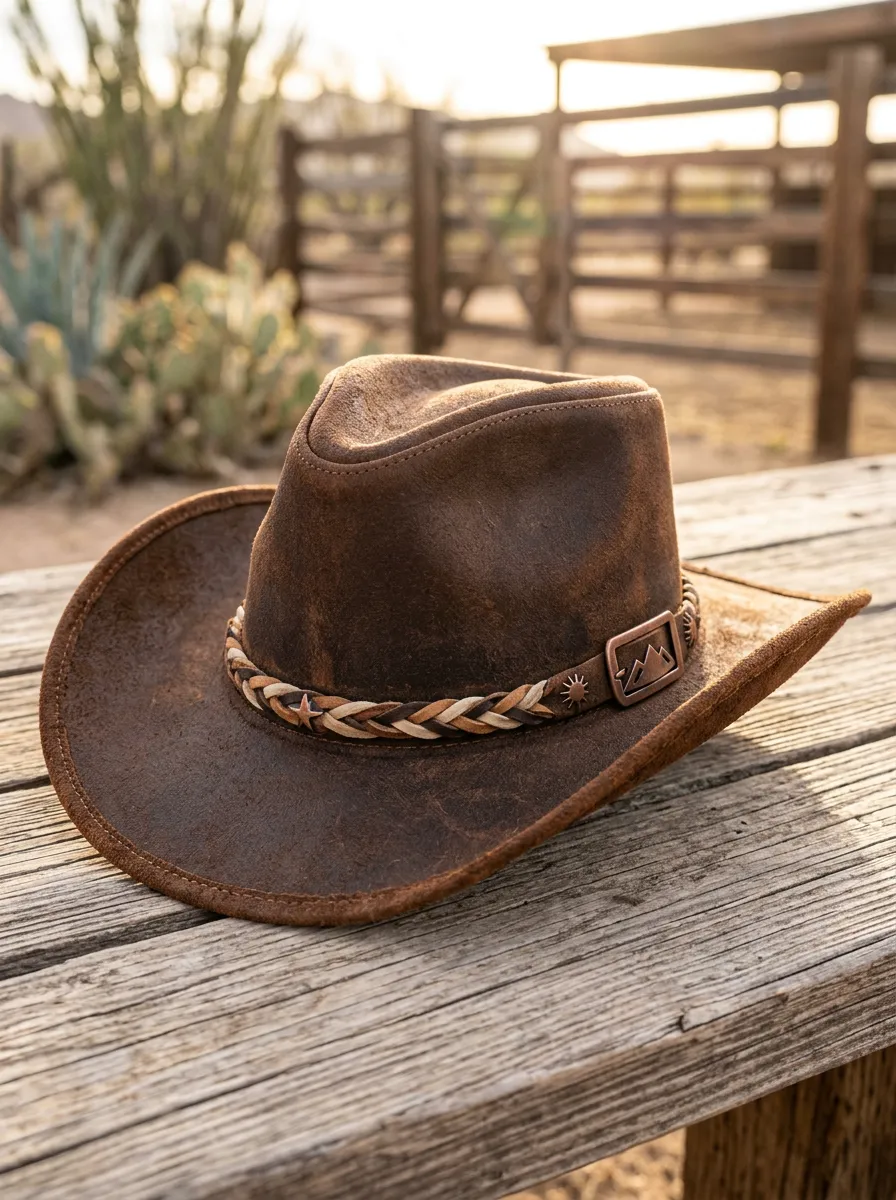 Braided Band Leather Detail Mountain Motif Unisex Western Cowboy Hat