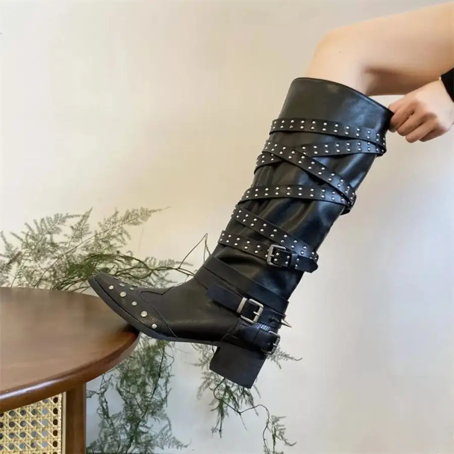 Studded Buckle Block Heel Boots