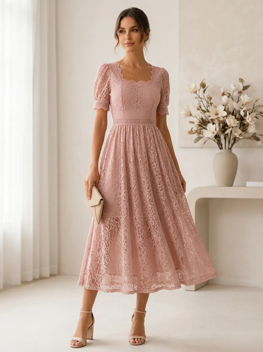 Elegant Pink Floral Lace Square Neck Midi Dress