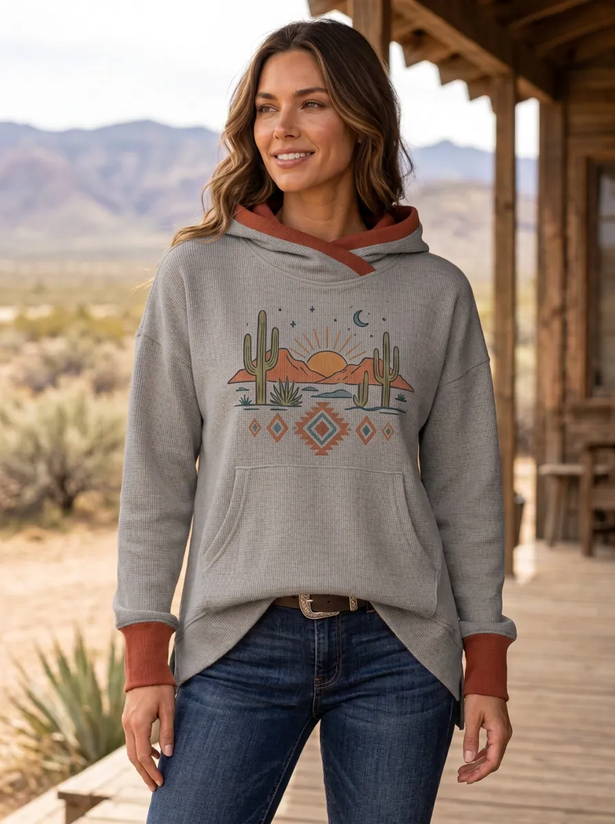 Women's Western Desert Cactus Sunset Geometric Printed Hoodie