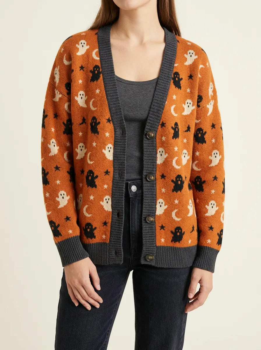 Women's Halloween Ghost Moon Star Pattern Knitted Cardigan