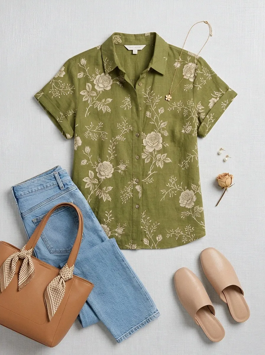 Women's Floral Botanical Rose Printed Short Sleeve Shirt