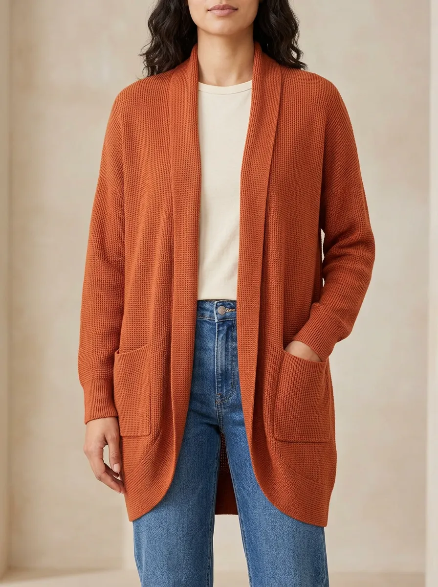Weekend Waffle-Knit Knit Cardigan
